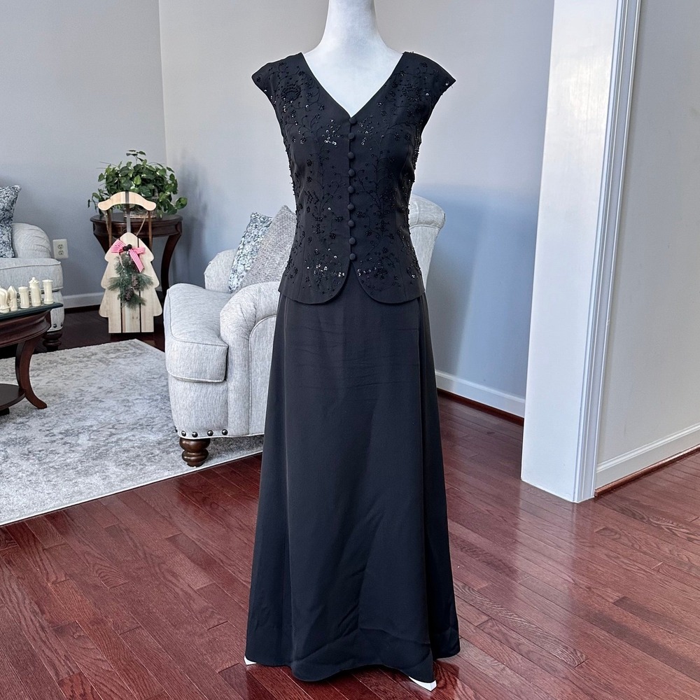 Donna Morgan Black Elegant Feminine Floral Sequin 100% Silk  Formal Maxi Dress
